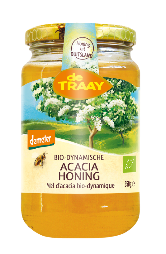 De Traay Demeter bio acacia honey jar with gold lid, 350g, showcasing clear, golden acacia honey in a glass container.