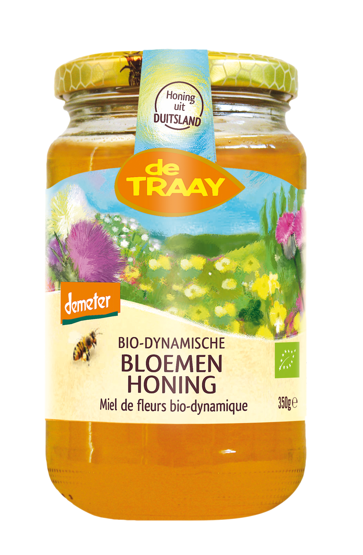 De Traay bio-dynamisch bloemenhoning in 350g jar, golden honey with floral aroma, label visible on the jar.
