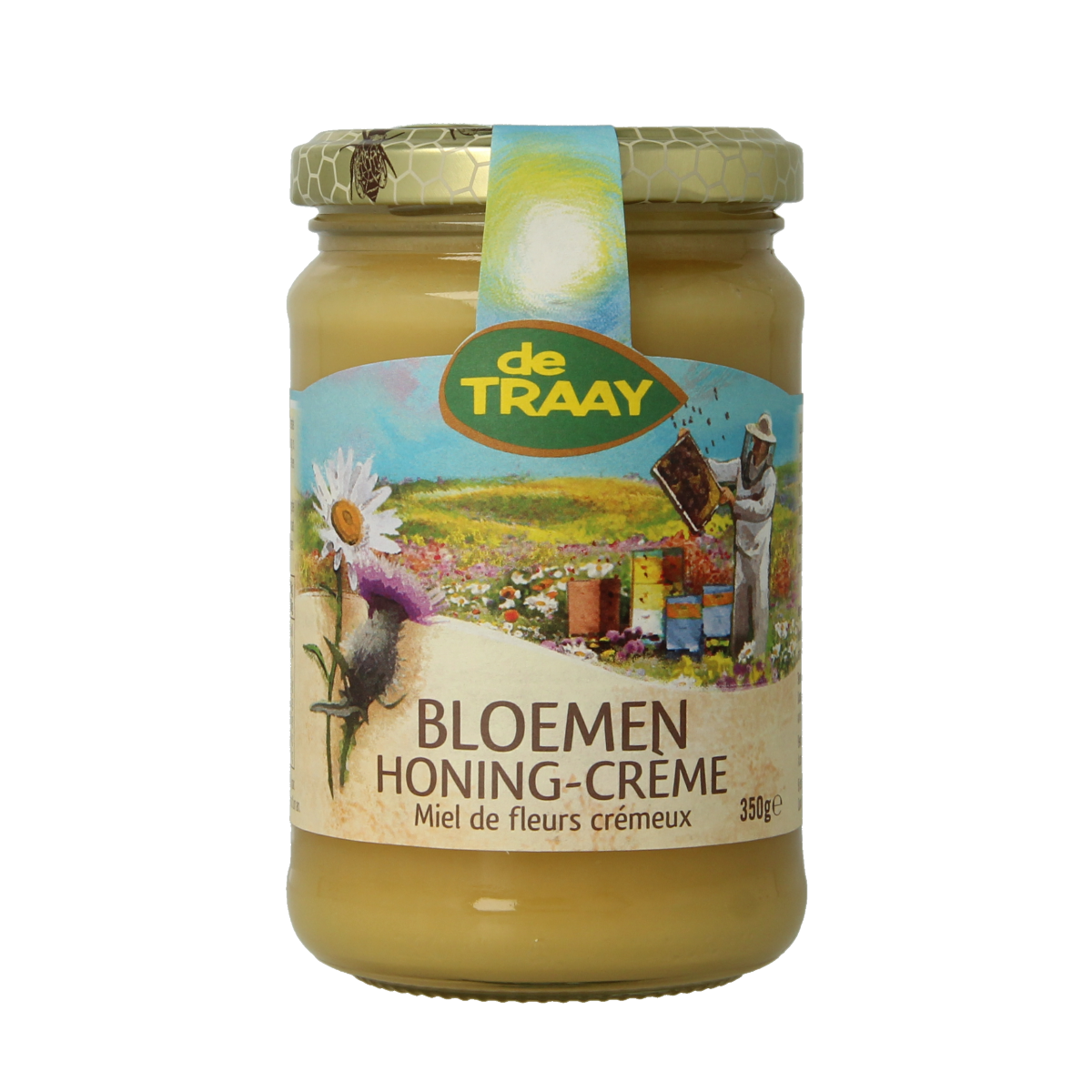 de Traay bloemen honing crème jar, 350g, showcasing the creamy honey product with a floral-inspired label design