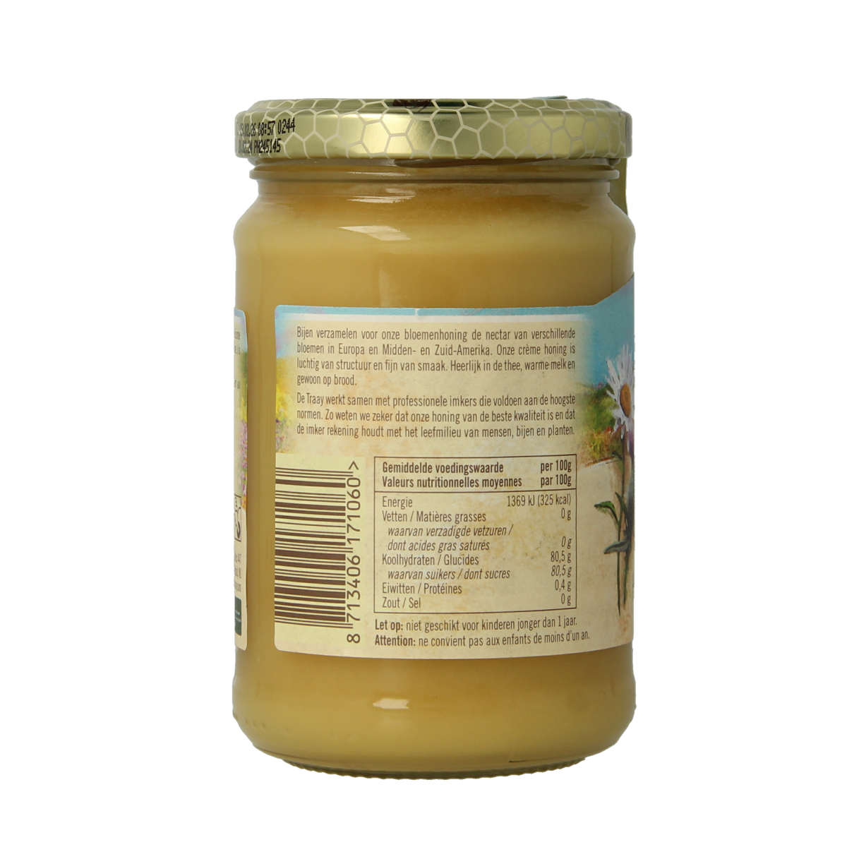 de Traay bloemen honing crème in 350g jar, smooth honey spread with floral notes, natural and creamy texture