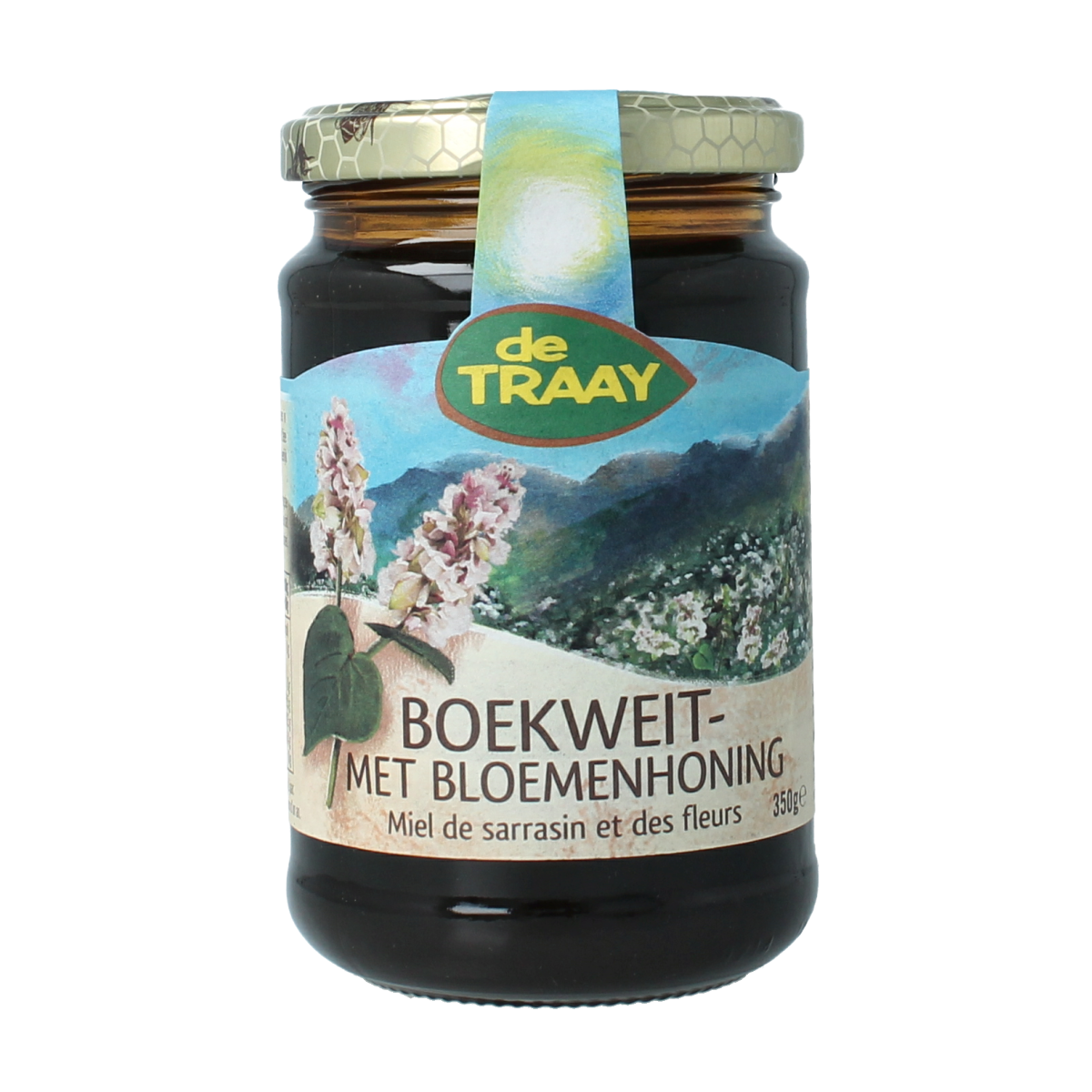 de Traay Boekweit honing with honey flowers in a 350g jar, natural honey product from de Traay, close-up of honey with flowers