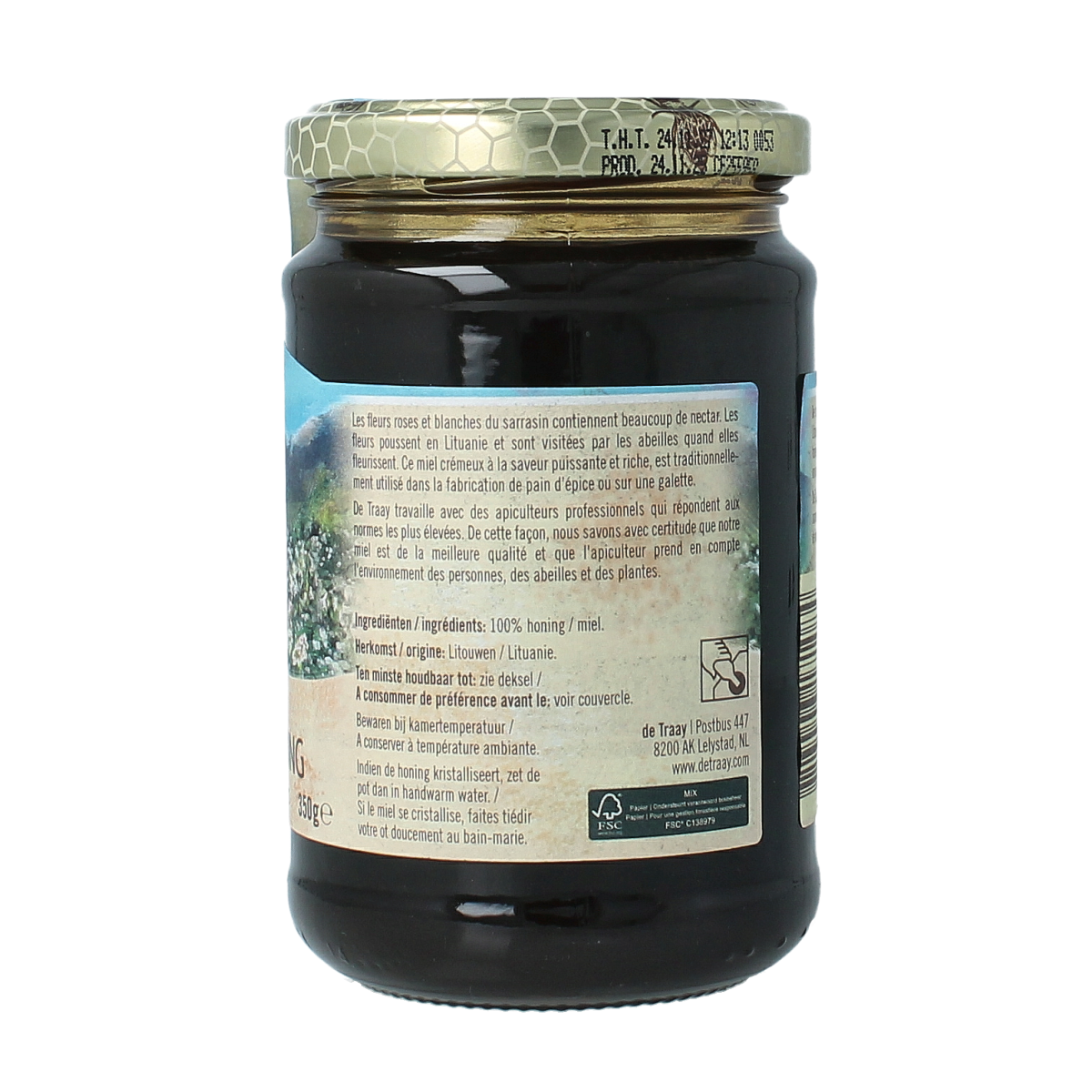 De Traay boekweit honing met bloemenhoning in een 350g pot, zichtbaar met bijen en bloemen op de label.