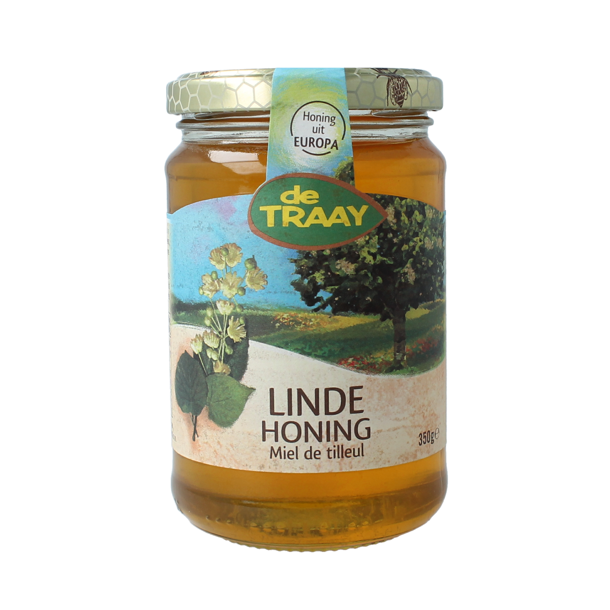 De Traay Linde honing jar, 350 grams, with a clear glass container and gold-colored lid, showcasing natural honey inside.