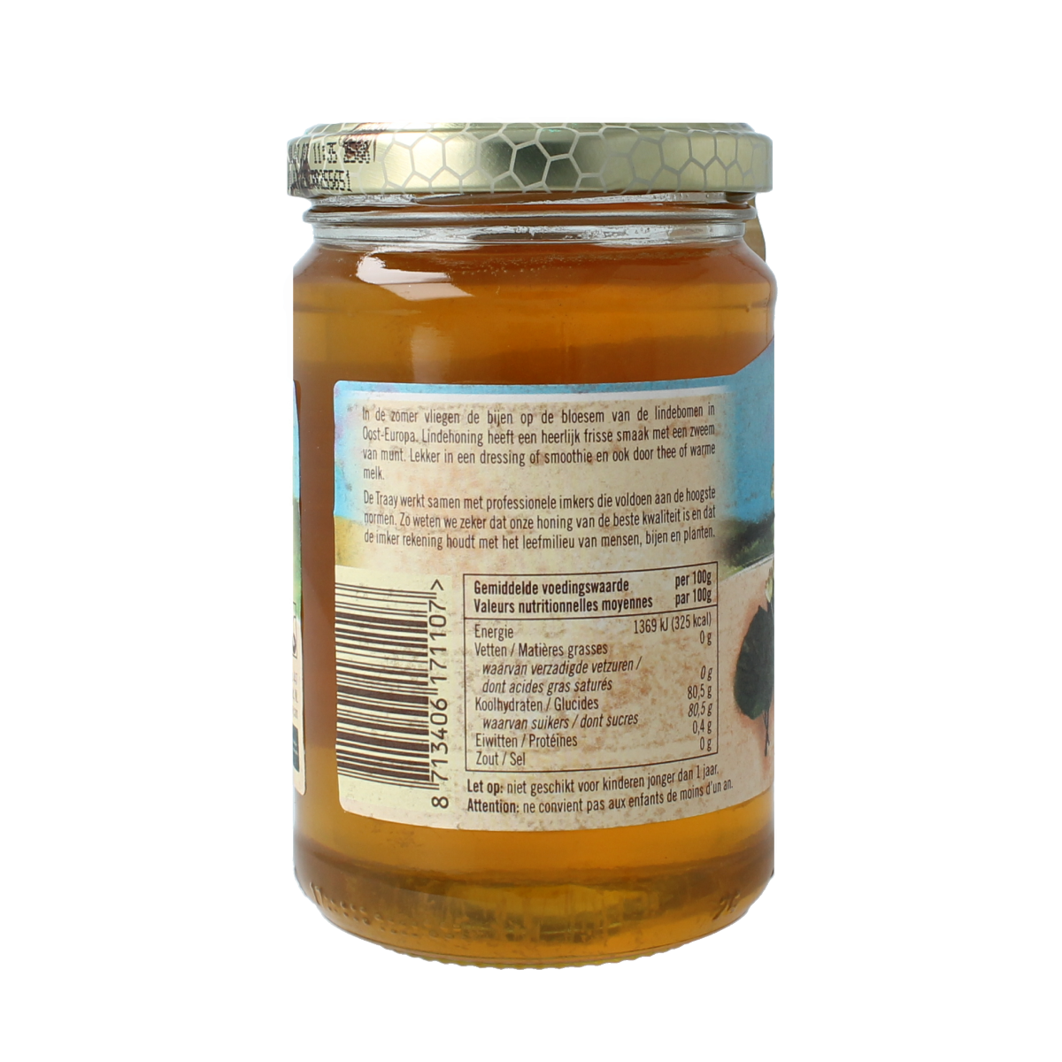 de Traay Linde honing in 350g jar, golden honey with smooth texture and natural floral aroma, ideal for spreading and baking