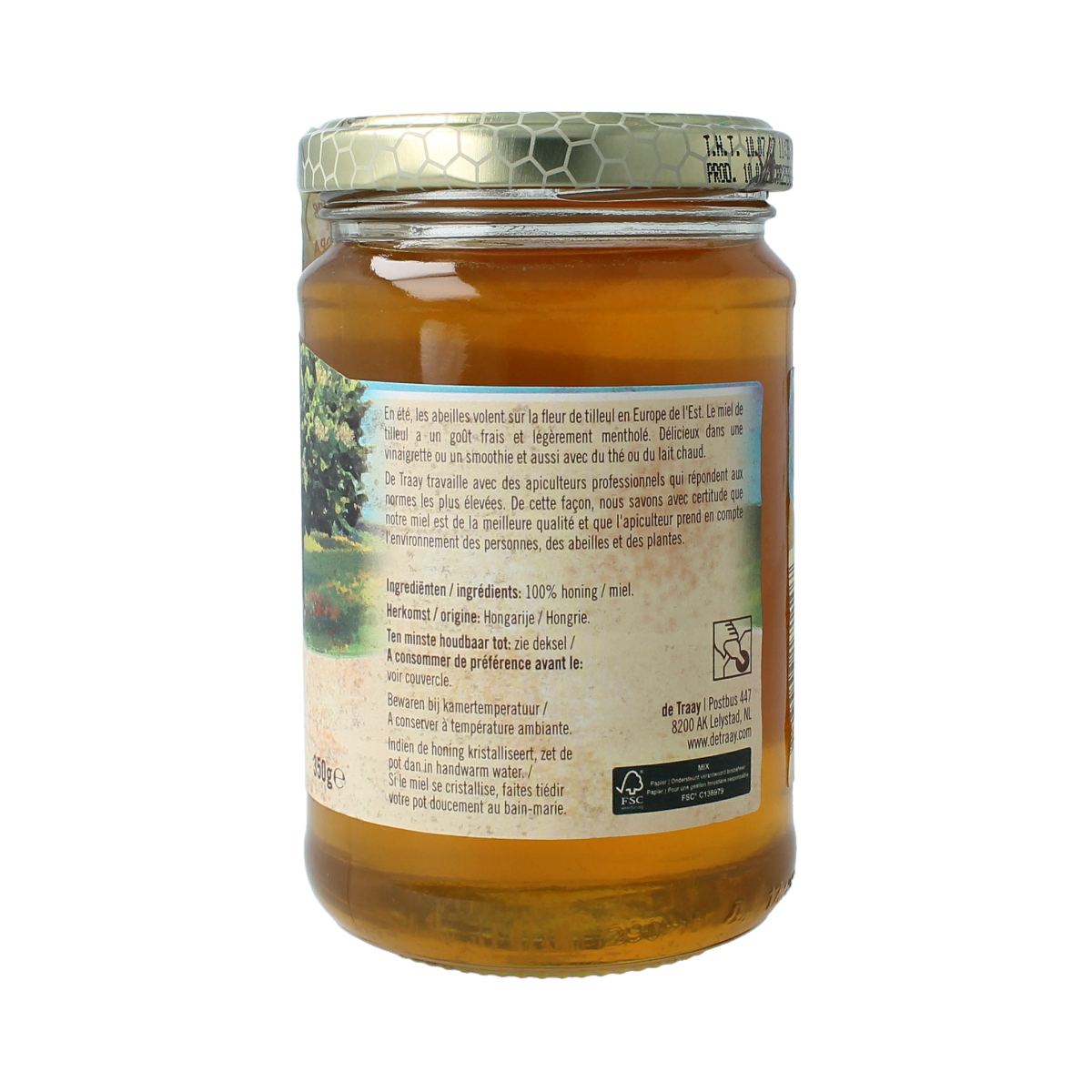 De Traay Linde honing 350g jar with a golden honey inside and a wooden honey dipper on top.