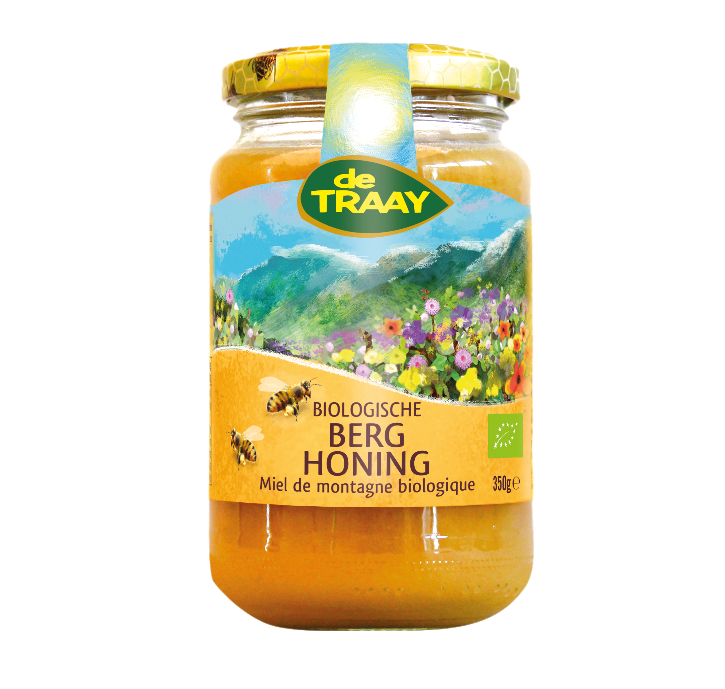 Organic de Traay Berg honey jar, 350g, with golden honey visible inside and natural label on the eco-friendly glass jar.