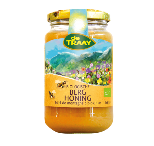 Organic de Traay Berg honey jar, 350g, with golden honey visible inside and natural label on the eco-friendly glass jar.