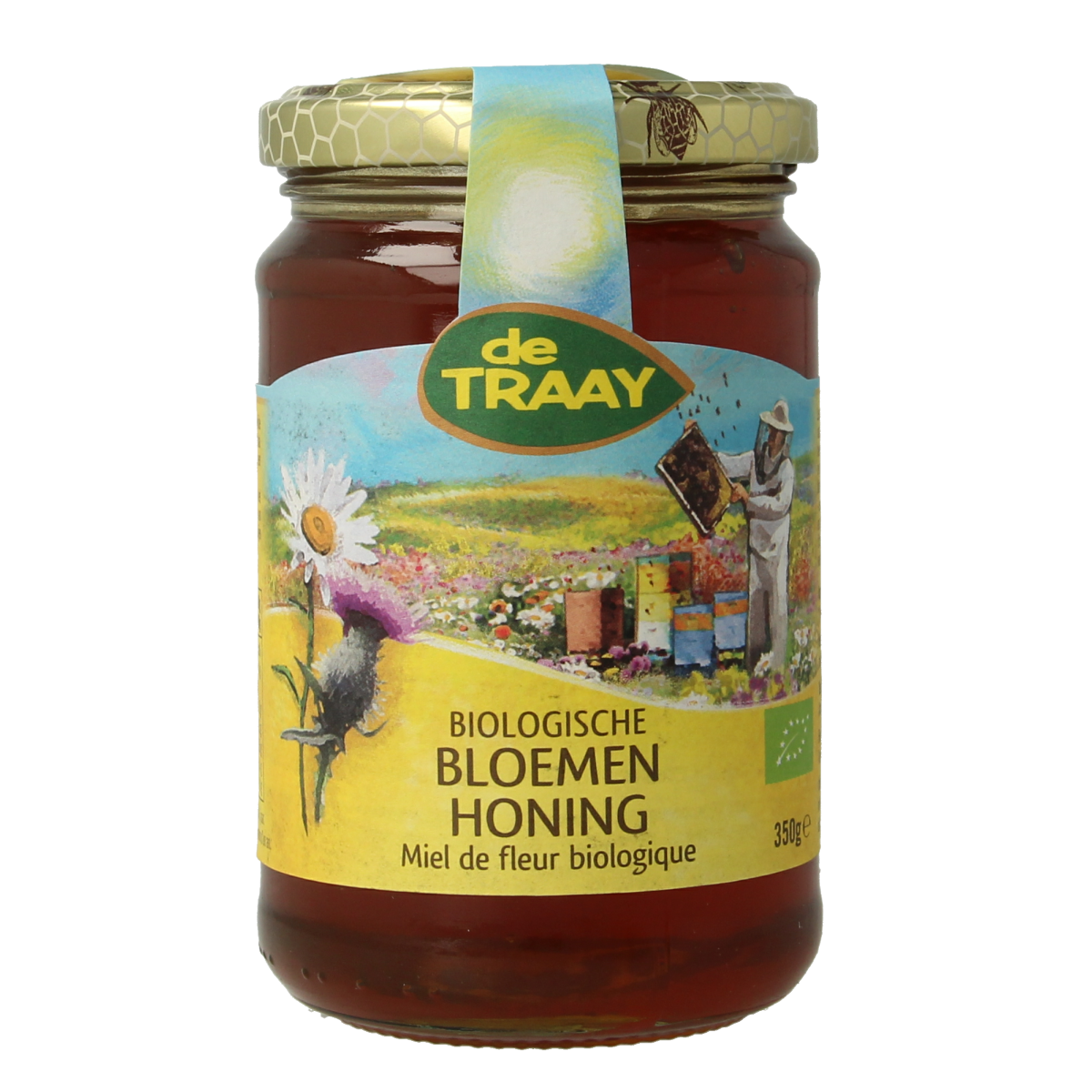 de Traay biologisch vloeibare bloemenhoning in 350g pot, close-up of golden honey with floral details