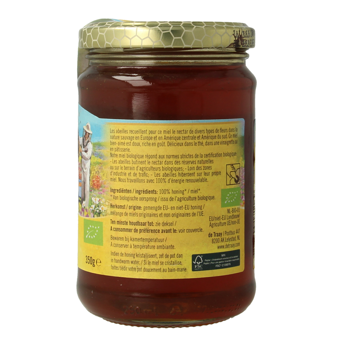 Liquid organic honey from de Traay in a 350g jar, featuring a golden, viscous texture and fresh floral aroma.