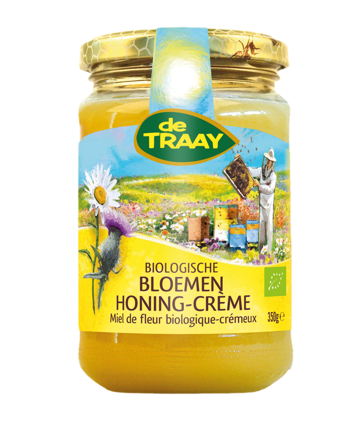 de Traay Bloemen Honing Creme bio in 350g jar, smooth honey spread with floral notes, natural and organic honey product