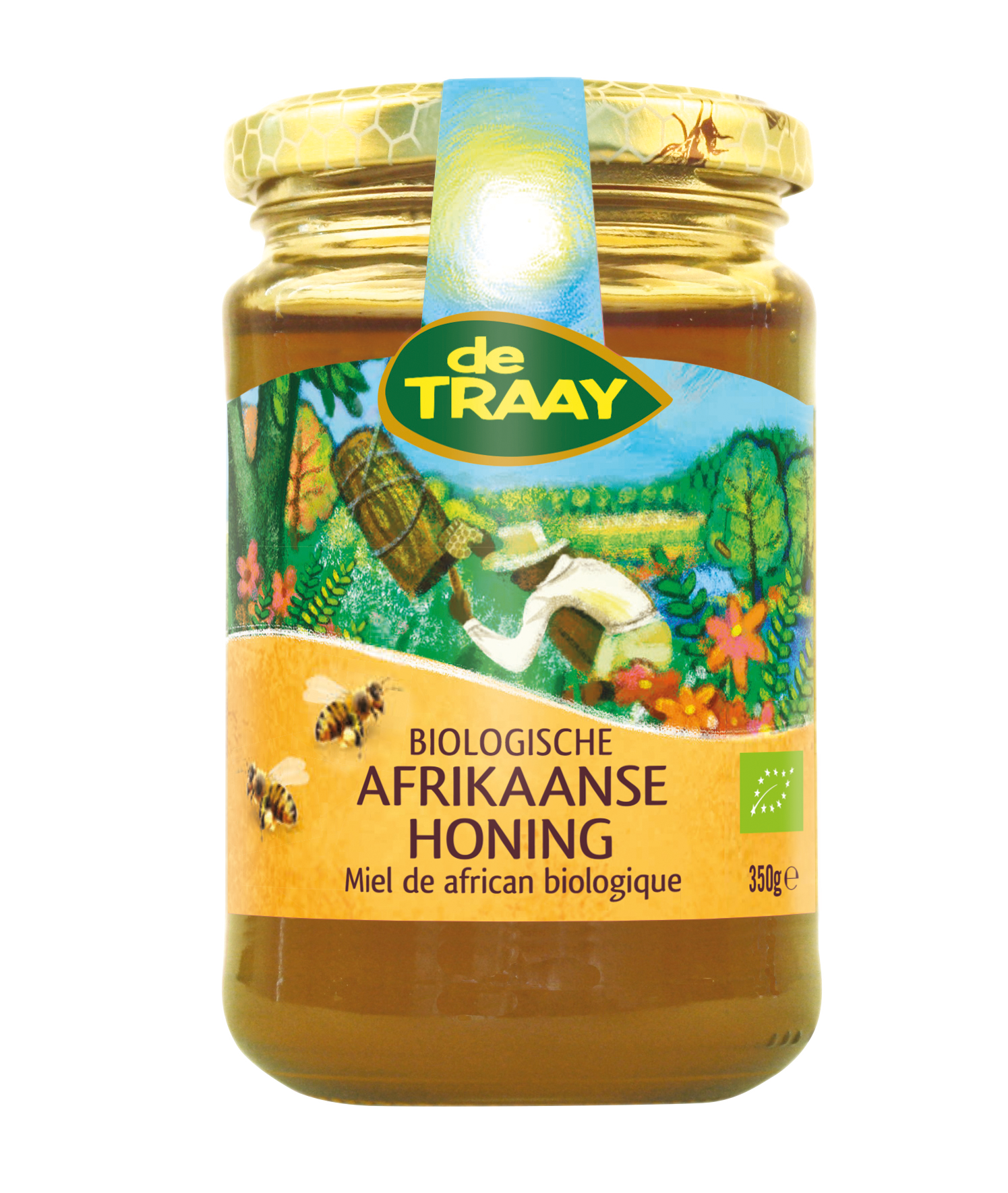 Jar of de Traay organic African honey, 350g, with golden honey visible inside and a label displaying the brand and product details.