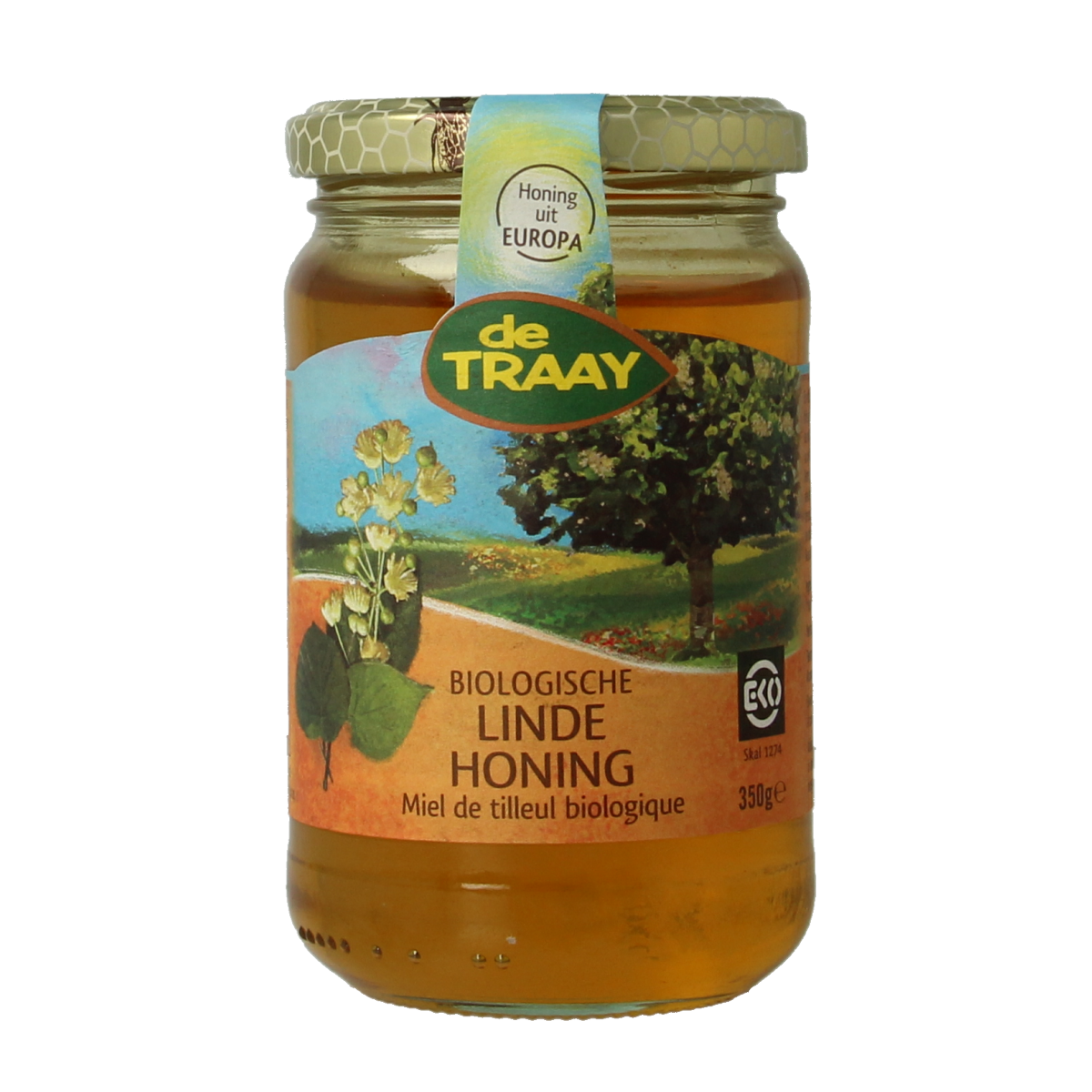 De Traay Linde honing bio snoepgoed in 350g jar, golden honey with natural floral aroma, packaged in a clear jar.