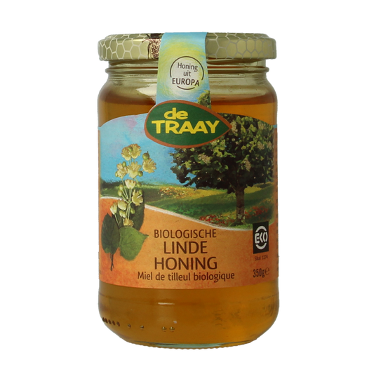 De Traay Linde honing bio snoepgoed in 350g jar, golden honey with natural floral aroma, packaged in a clear jar.
