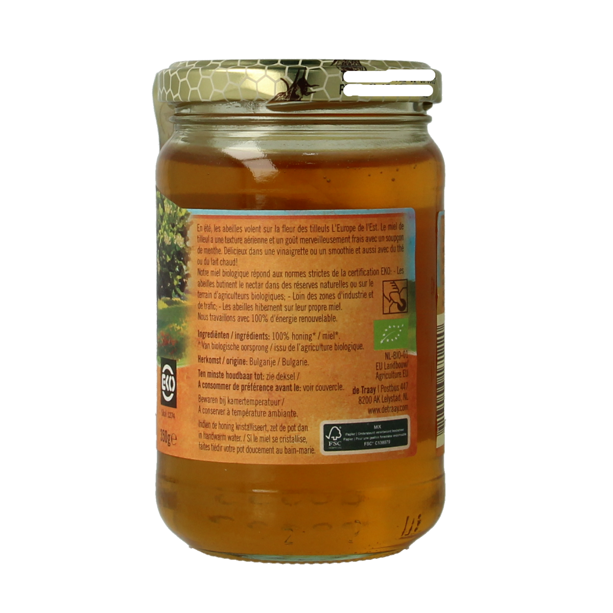 De Traay Linde honing bio snoepgoed in 350g jar, featuring golden honey with linden flower flavor from natural ingredients.