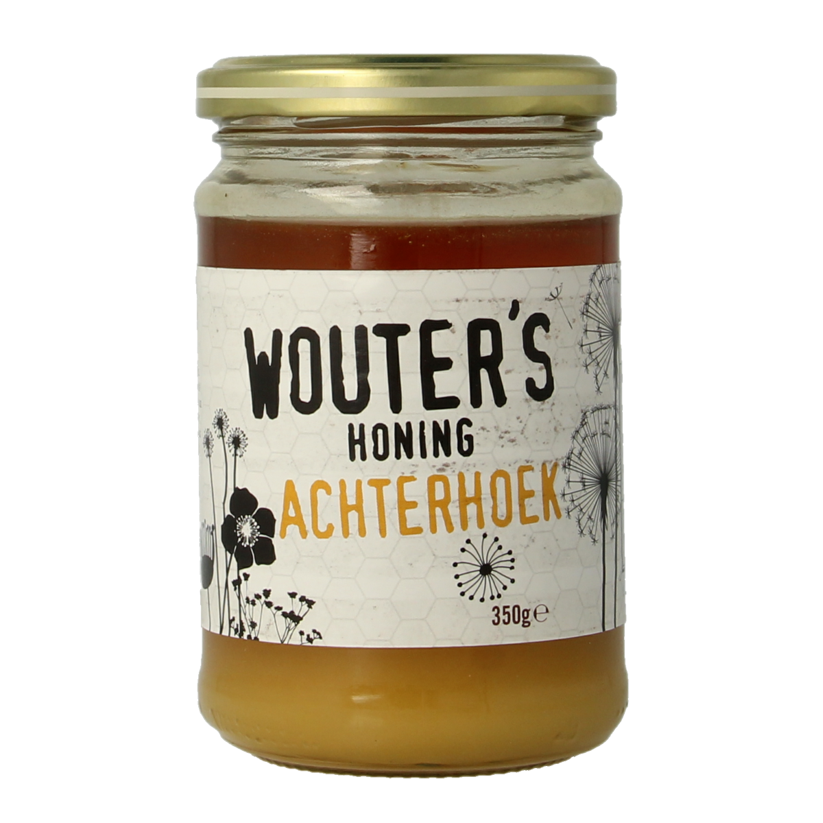 De Traay Wouters streekhoning Achterhoek, 350g jar of pure honey with golden color and natural texture.