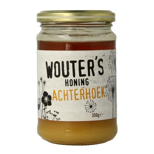 De Traay Wouters streekhoning Achterhoek, 350g jar of pure honey with golden color and natural texture.