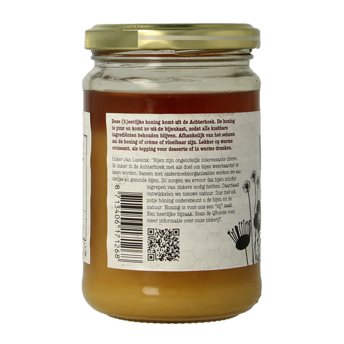 De Traay Wouters Achterhoek honey 350g jar with golden honey flowing from the jar, showcasing natural honey texture.