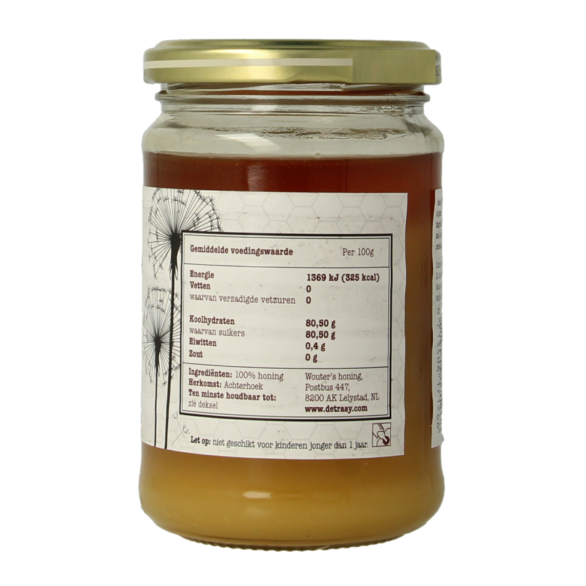 De Traay Wouters Achterhoek honey in a 350g jar, showcasing golden honey with a textured label on the lid.