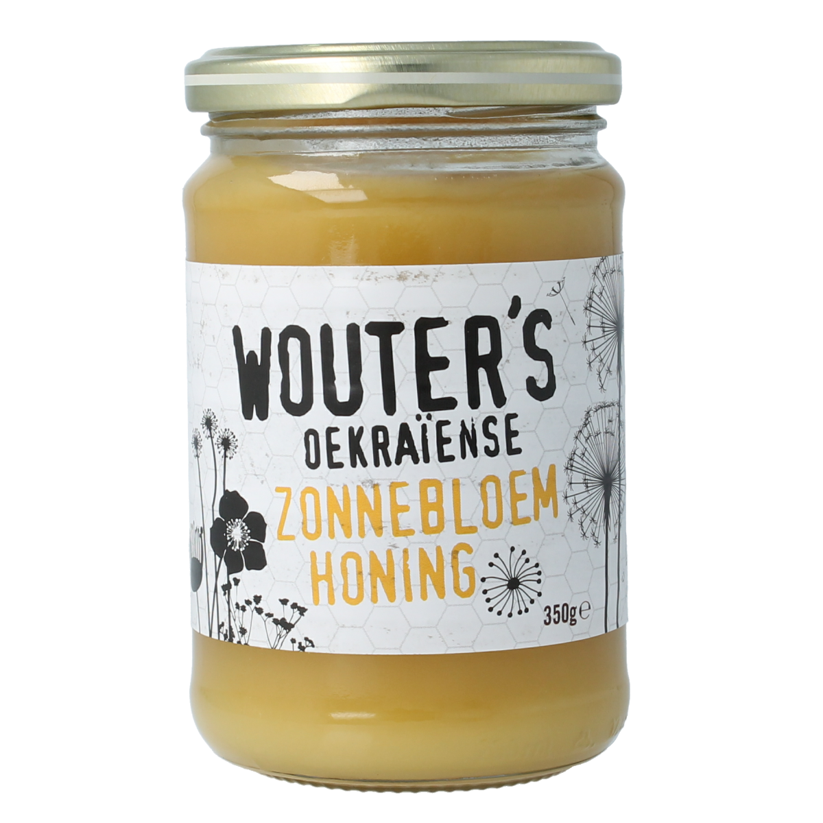de Traay Wouters Oekraiense zonnebloemhoning in 350g jar, smooth golden honey with sunflower flavor and natural texture.