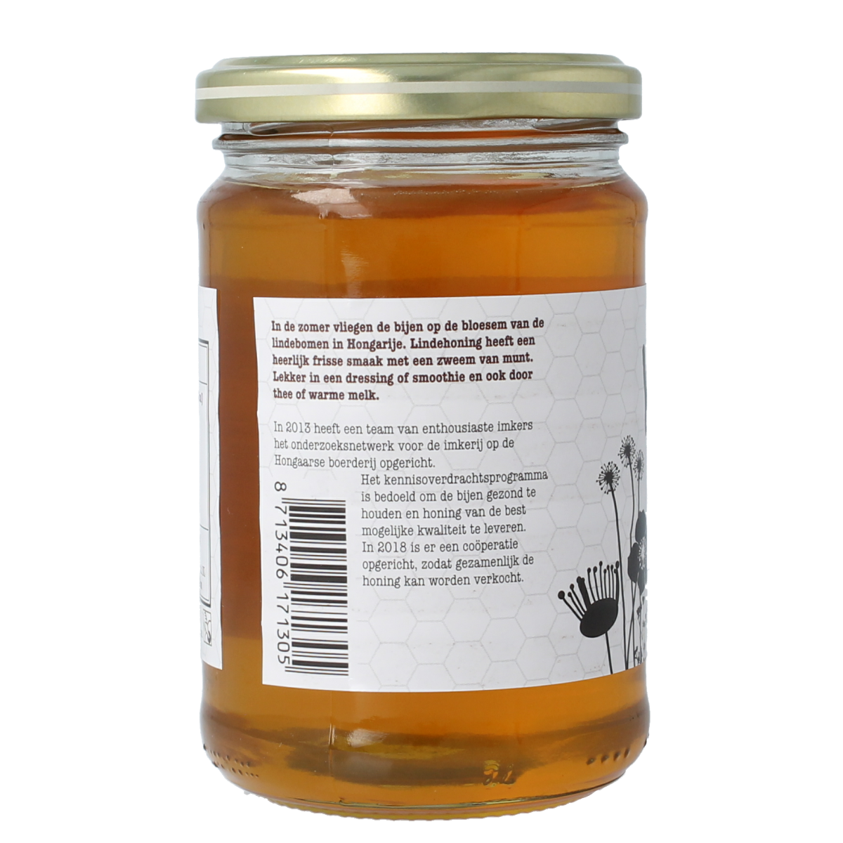 de Traay Wouters Hongaarse lindehoning in a 350g jar, smooth honey with a rich, golden color and natural texture.