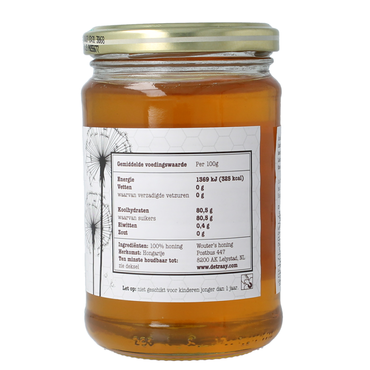 de Traay Wouters Hongaarse lindehoning in 350g jar, natural honey with a rich, smooth texture and golden color.