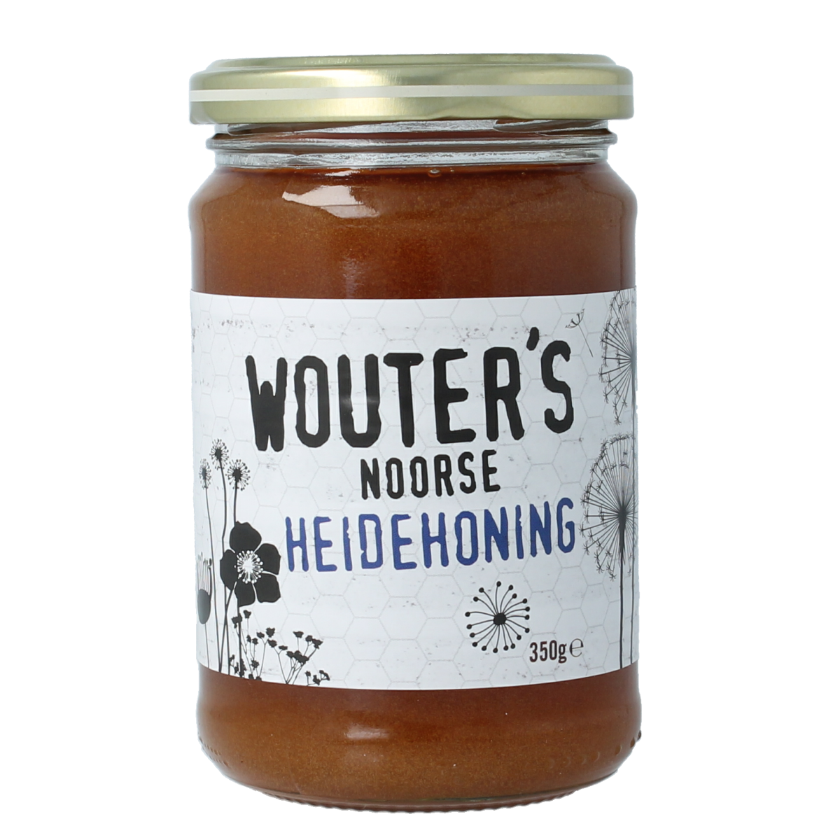 Jar of de Traay Wouters Noorse heidehoning honey, 350 grams, with a natural honeycomb texture visible inside the glass container.