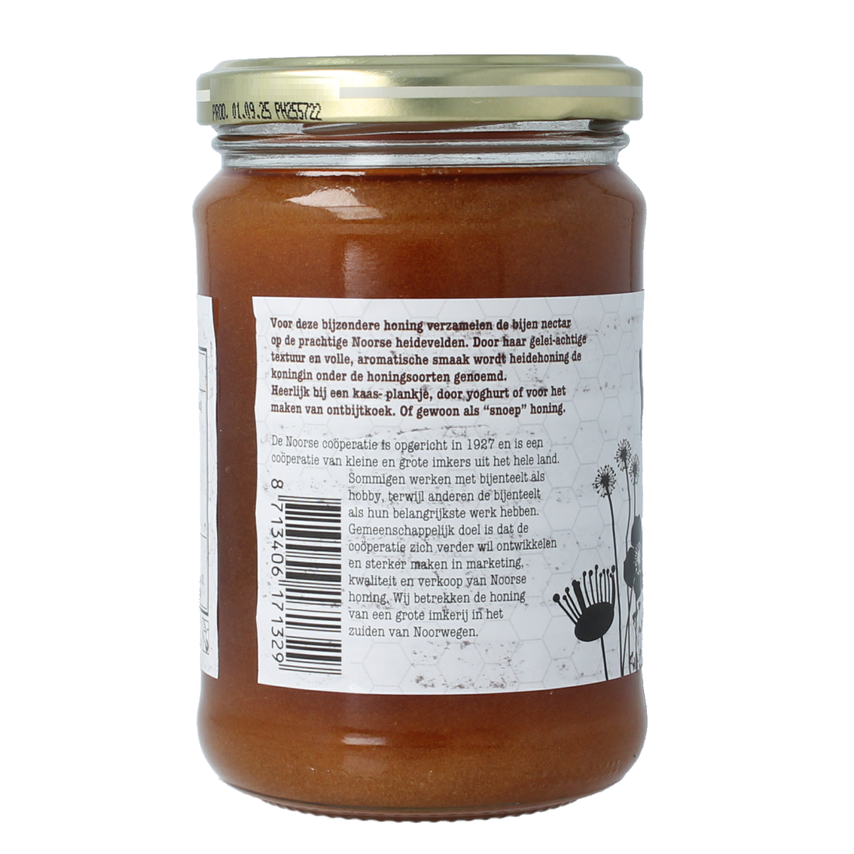 Jar of de Traay Wouters Noorse heidehoning honey with a clear label, showcasing the 350g size and natural honey content.