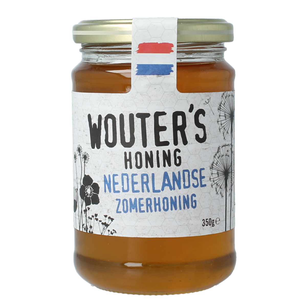 De Traay Wouters Nederlandse zomerhoning in 350g jar, golden honey with a smooth texture and natural floral aroma.