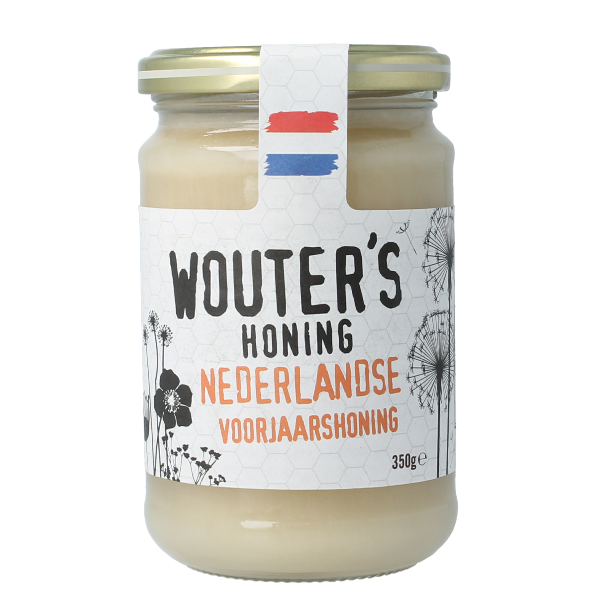 De Traay Wouters Nederlandse voorjaarshoning in 350g jar, golden honey with a smooth texture, displayed in a clear glass jar.