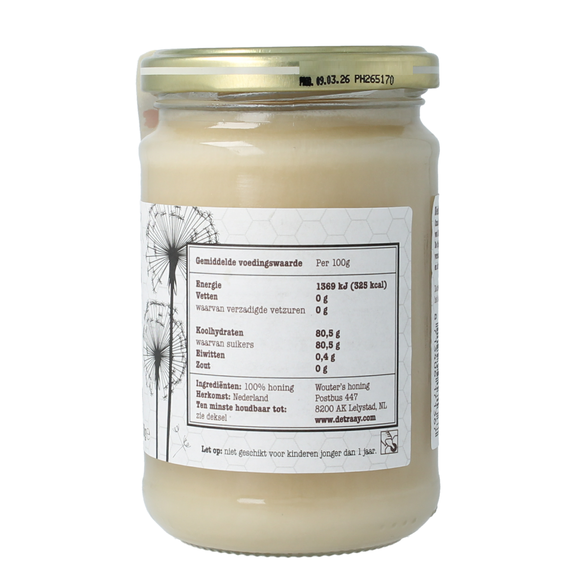 De Traay Wouters Nederlandse voorjaarshoning in een 350 gram pot, met een glanzende, amberkleurige honing zichtbaar in de afbeelding.