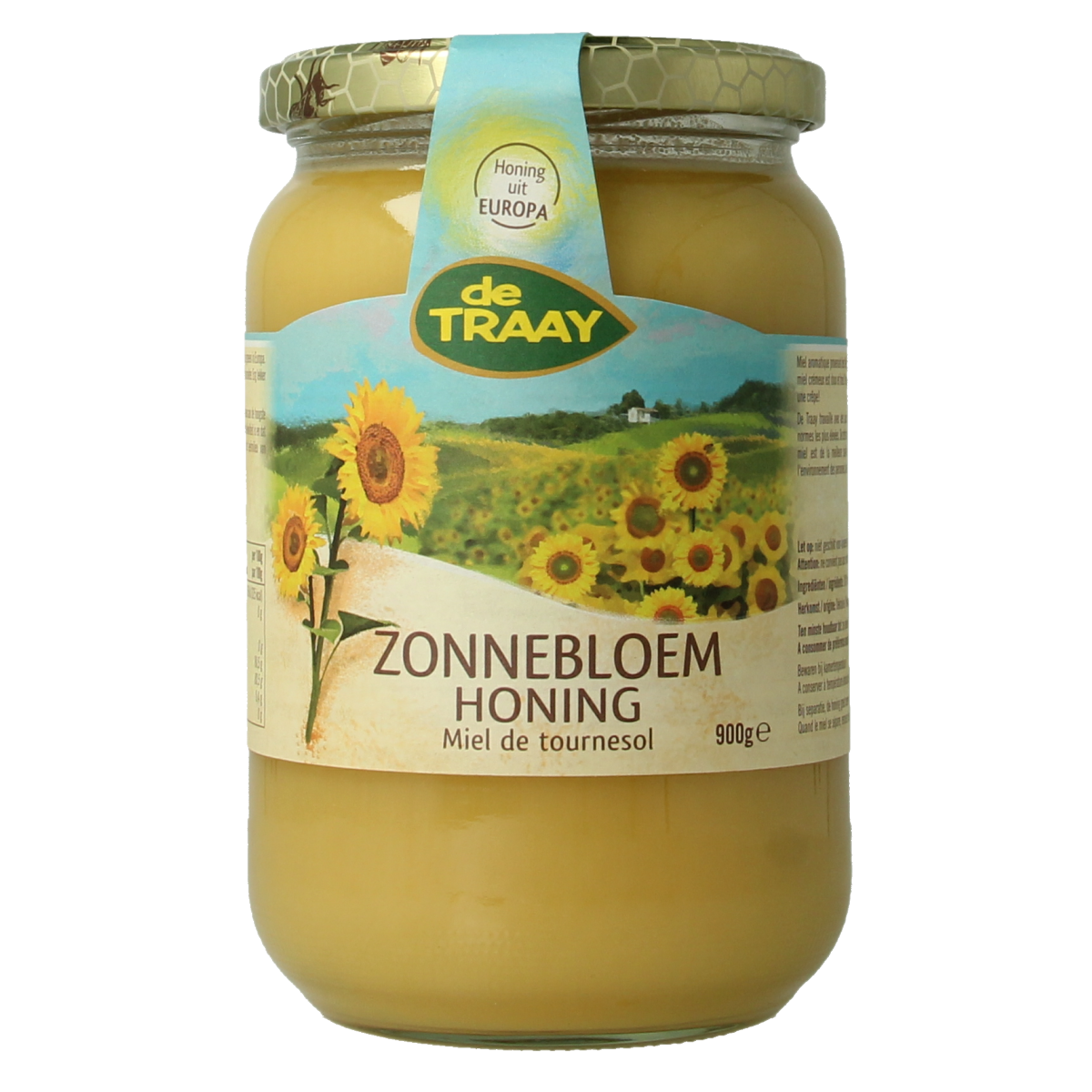 De Traay Zonnebloem honing in a 900g jar, showcasing golden, thick honey with a natural sunflower honey appearance.