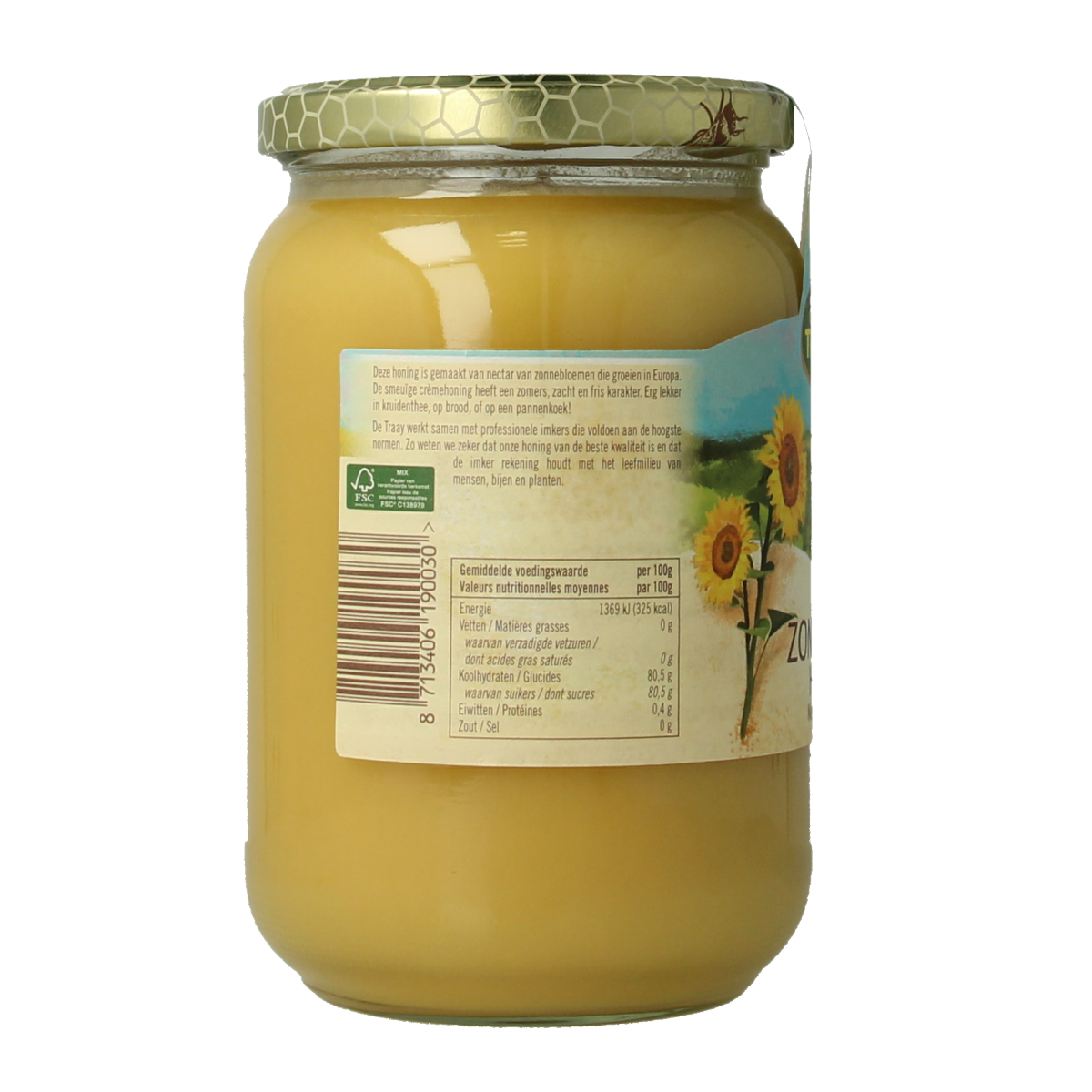 De Traay Zonnebloem honing 900 gram jar with golden honey visible inside and a clear label showing the product and brand.