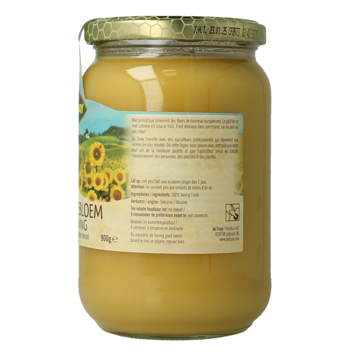 De Traay Zonnebloem honing in 900g jar, golden honey with a smooth texture and natural floral aroma.
