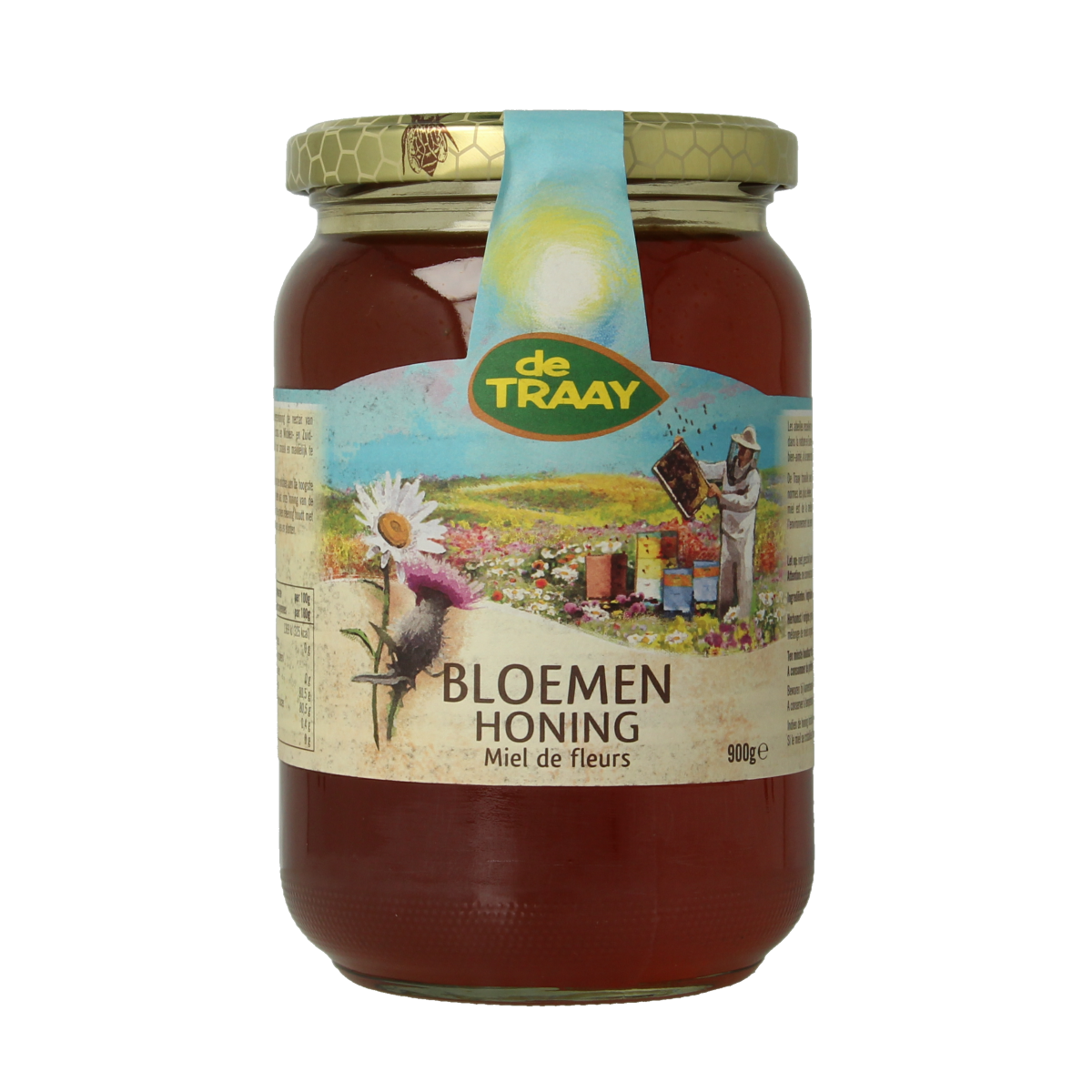 Liquid de Traay Bloemenhoning in a 900g jar, showcasing golden, smooth honey with floral notes.