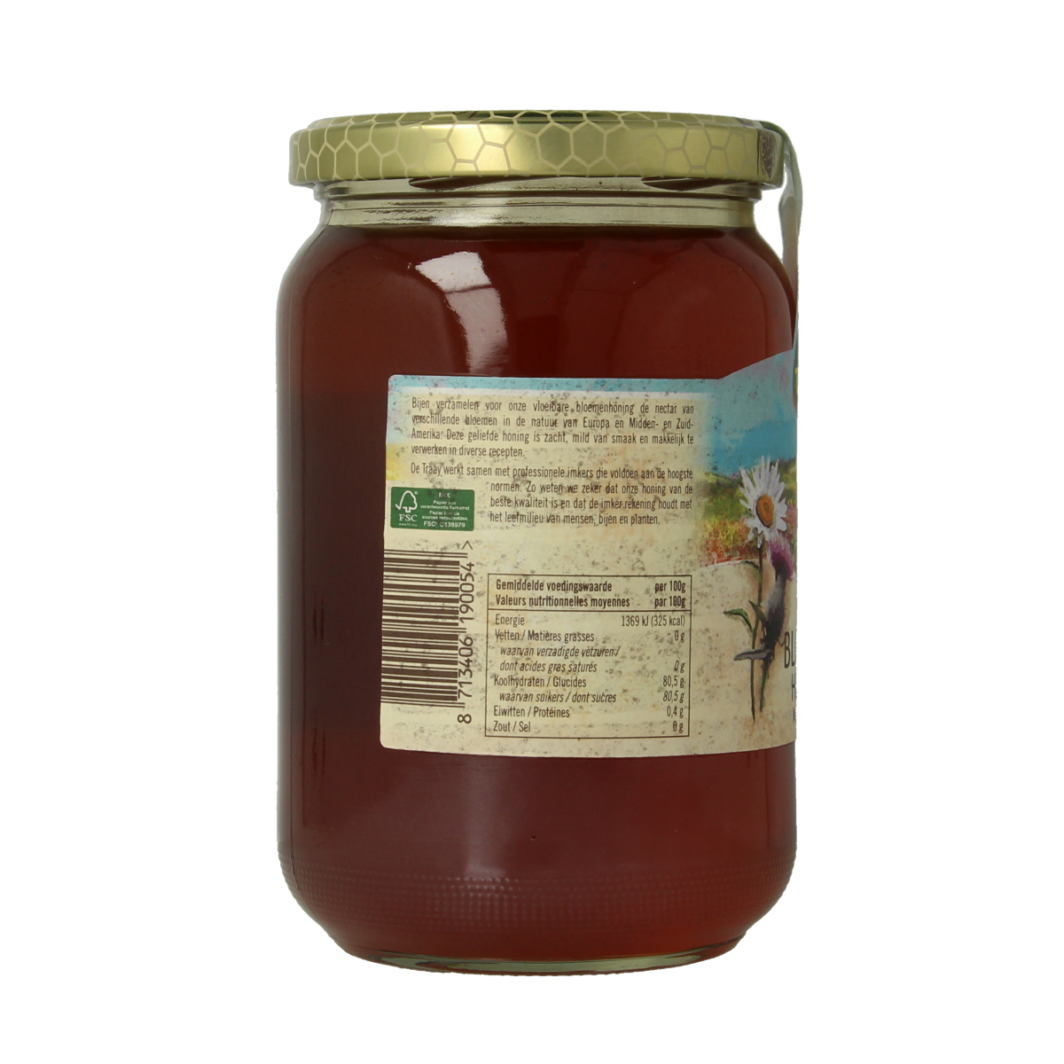 De Traay Bloemenhoning vloeibaar in een 900g glas, helder en goudkleurig, met een lepel voor het serveren.