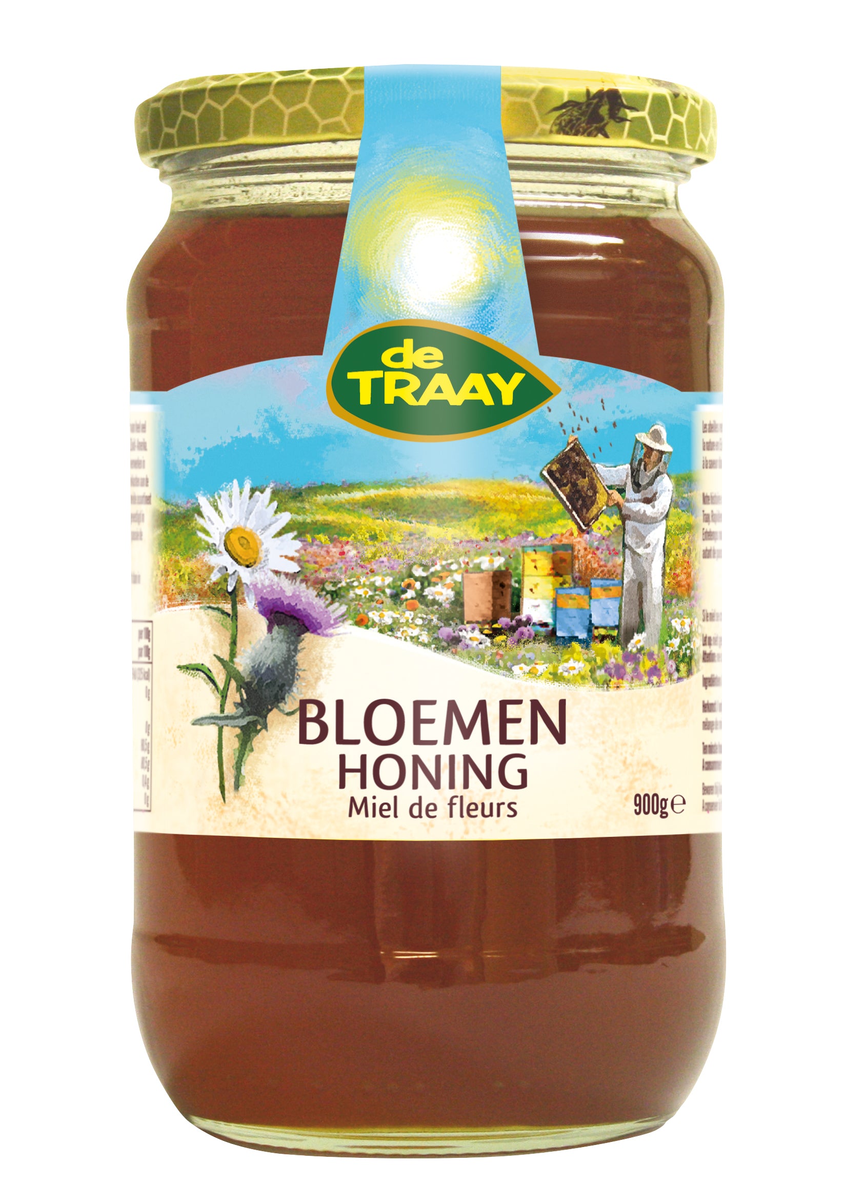 De Traay Bloemenhoning crème jar showing golden honey, 900 grams, with a natural floral honey appearance.