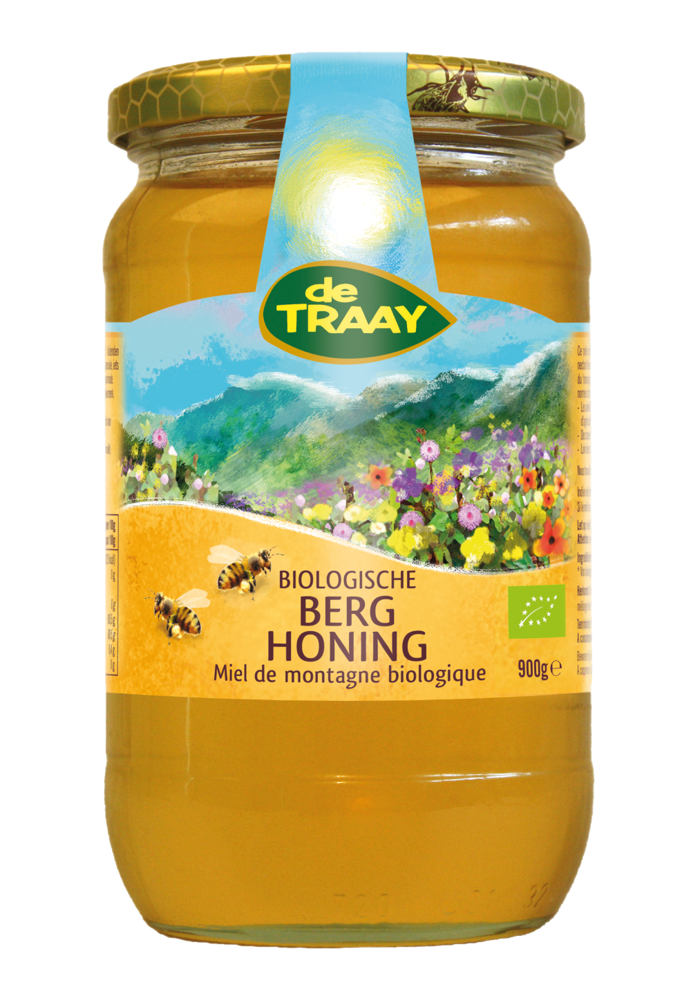 de Traay bio honning in a 900g jar, natural honey with a rich, golden color and textured surface from the de Traay brand