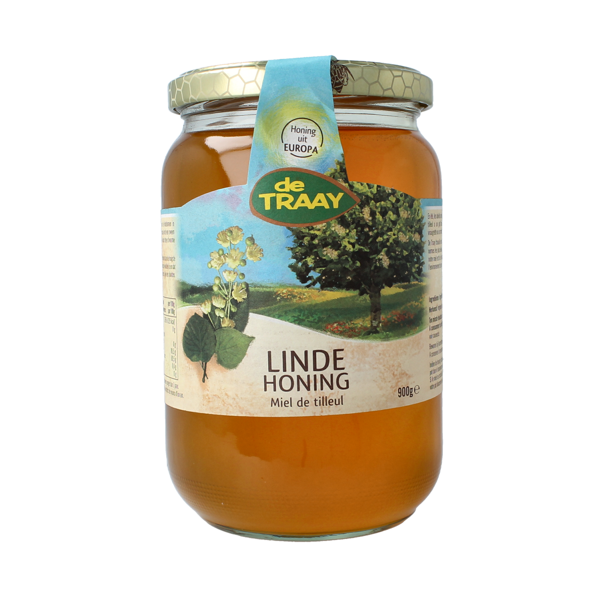 De Traay Linde honing in a 900g jar, natural honey with a golden color and smooth texture, shown in the image.