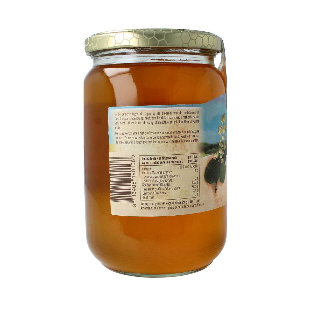 de Traay Linde Honing in 900g jar, smooth honey with natural linden flavor, detailed label and honey drizzled on the jar lid