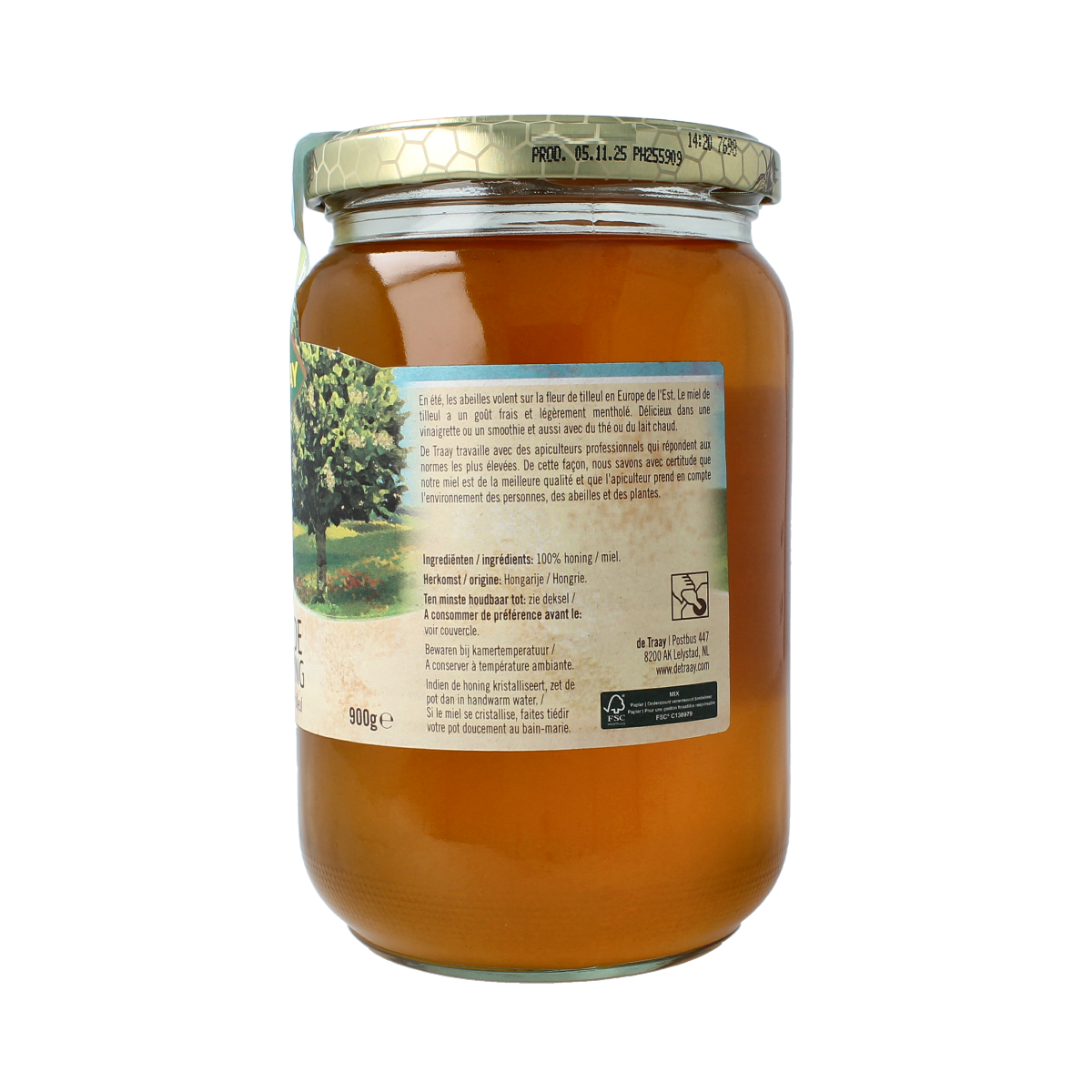 de Traay Linde honing jar with 900g of honey, golden and viscous, labeled with brand and product details.
