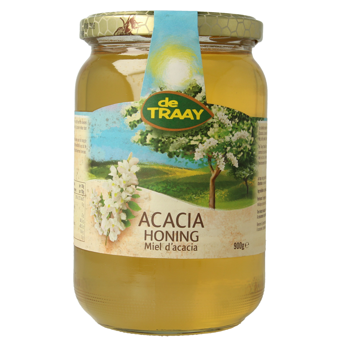 Jar of de Traay Acaciahoning honey in a 900g glass container, showcasing golden acacia honey with a smooth texture.