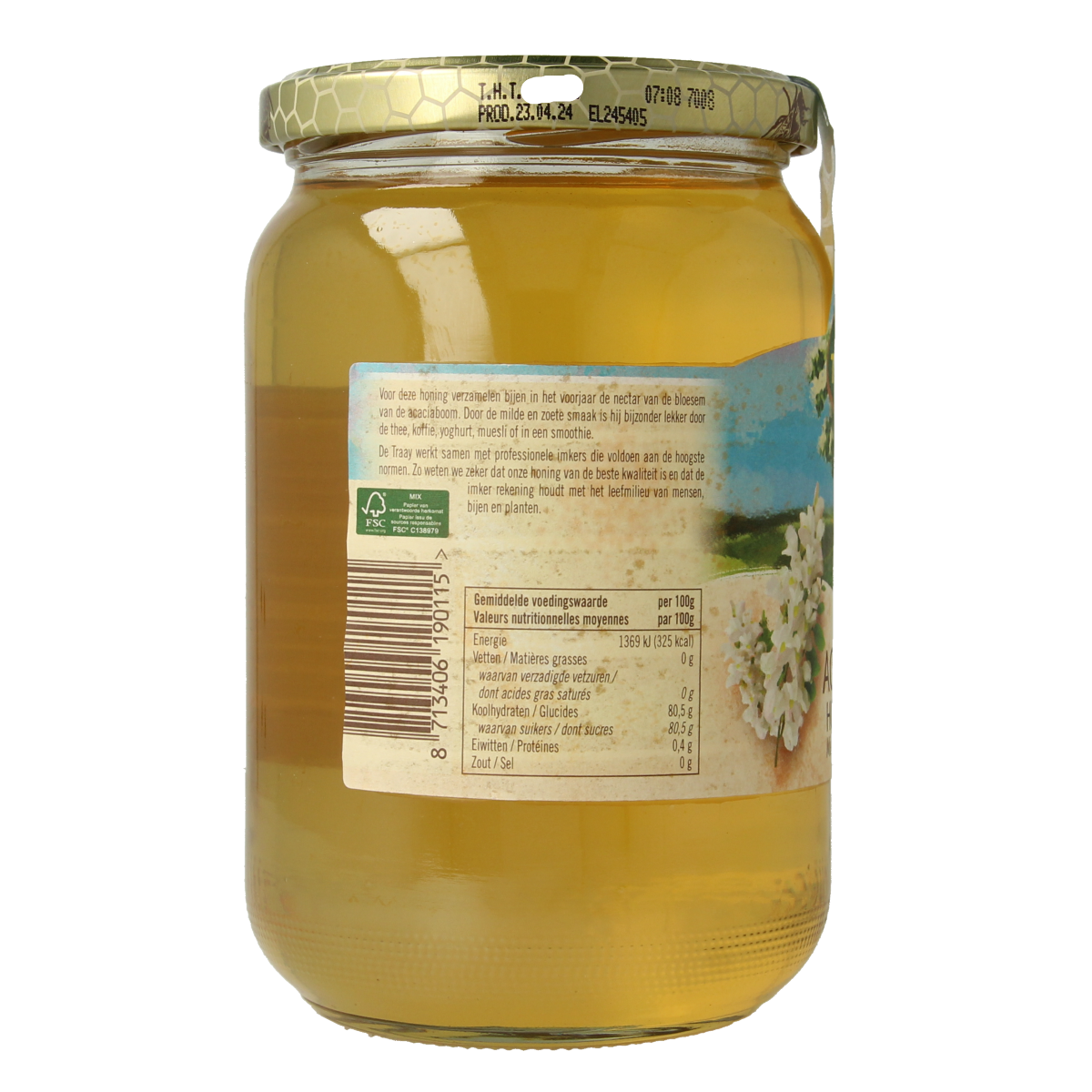Jar of de Traay Acaciahoning honey in a 900g glass container with a wooden honey dipper.
