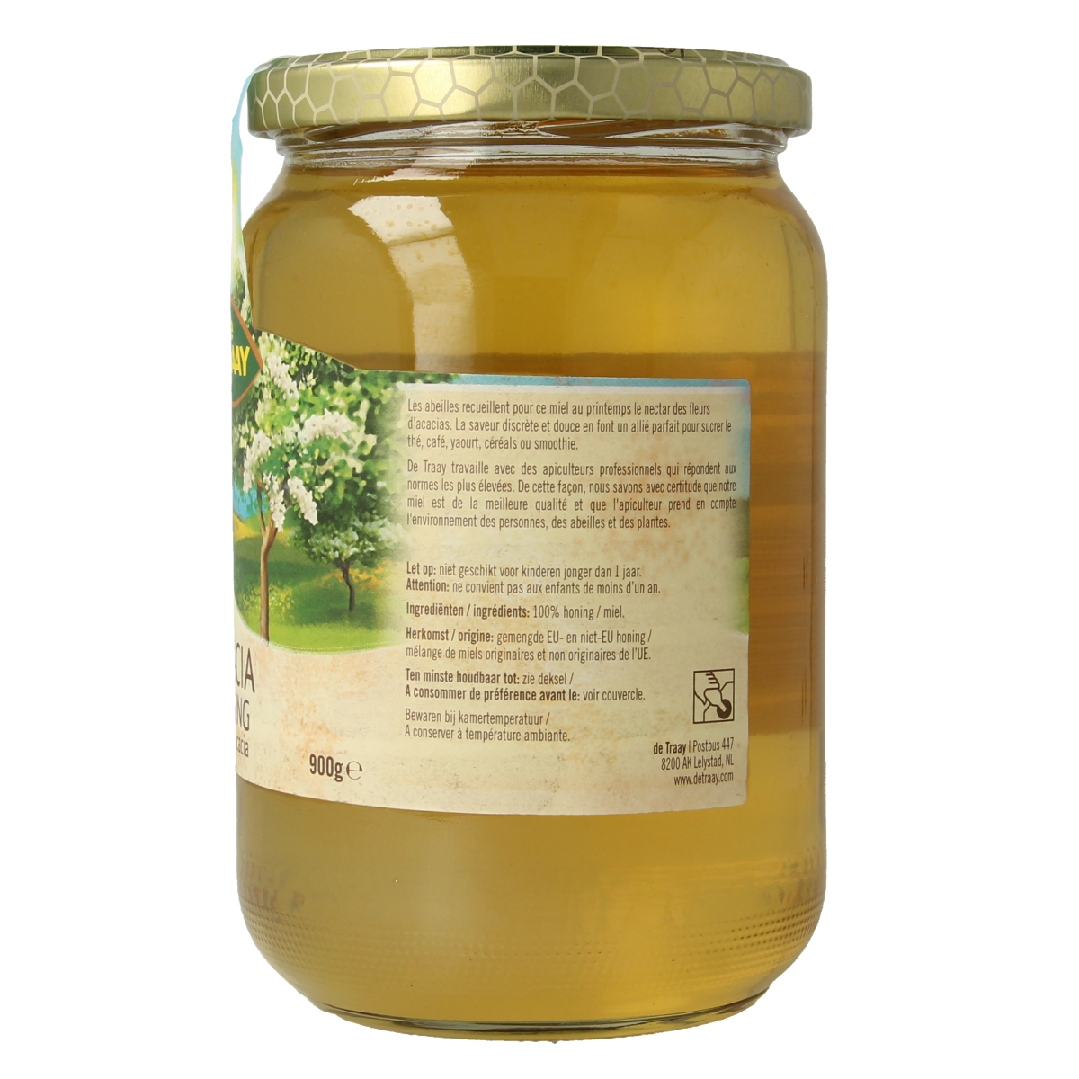 de Traay acacia honey jar, 900g, smooth and golden, with a clear label showing natural honey in a glass jar.