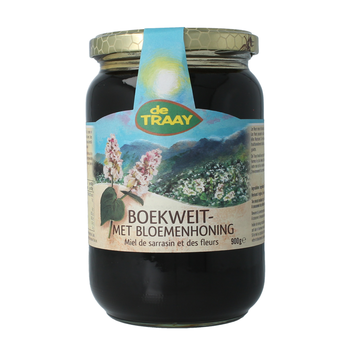 De Traay boekweit-honing jar with floral honey, 900g, showing the label and honey inside a glass jar.