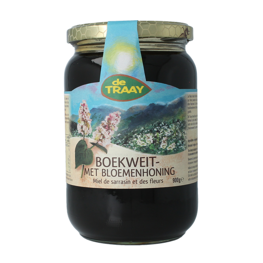 De Traay boekweit-honing jar with floral honey, 900g, showing the label and honey inside a glass jar.