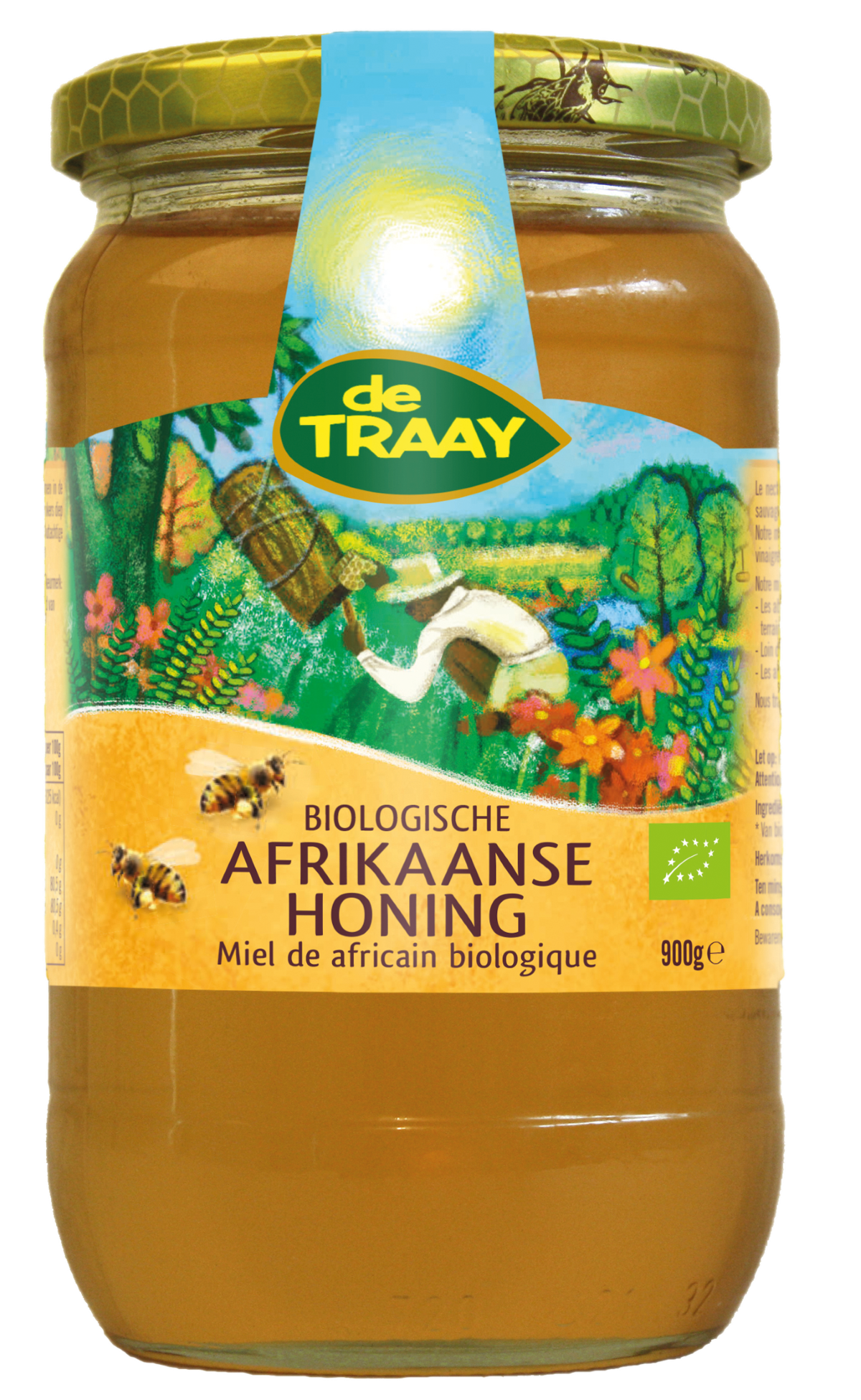 Jar of de Traay organic African honey in a 900g glass container with a golden honey inside.
