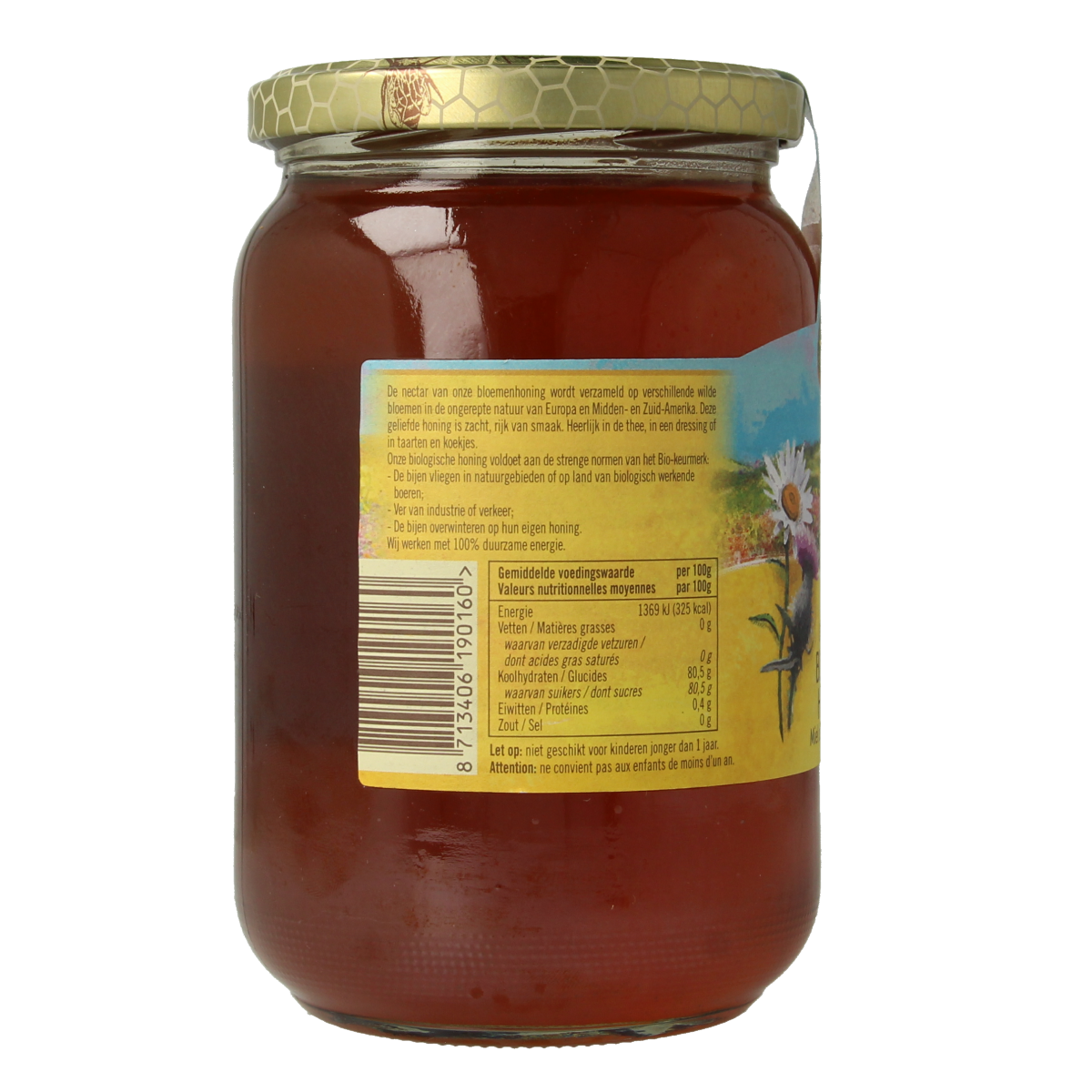 Liquid bio flowers honey from de Traay in a 900g jar, showcasing golden, viscous honey with a natural floral aroma.