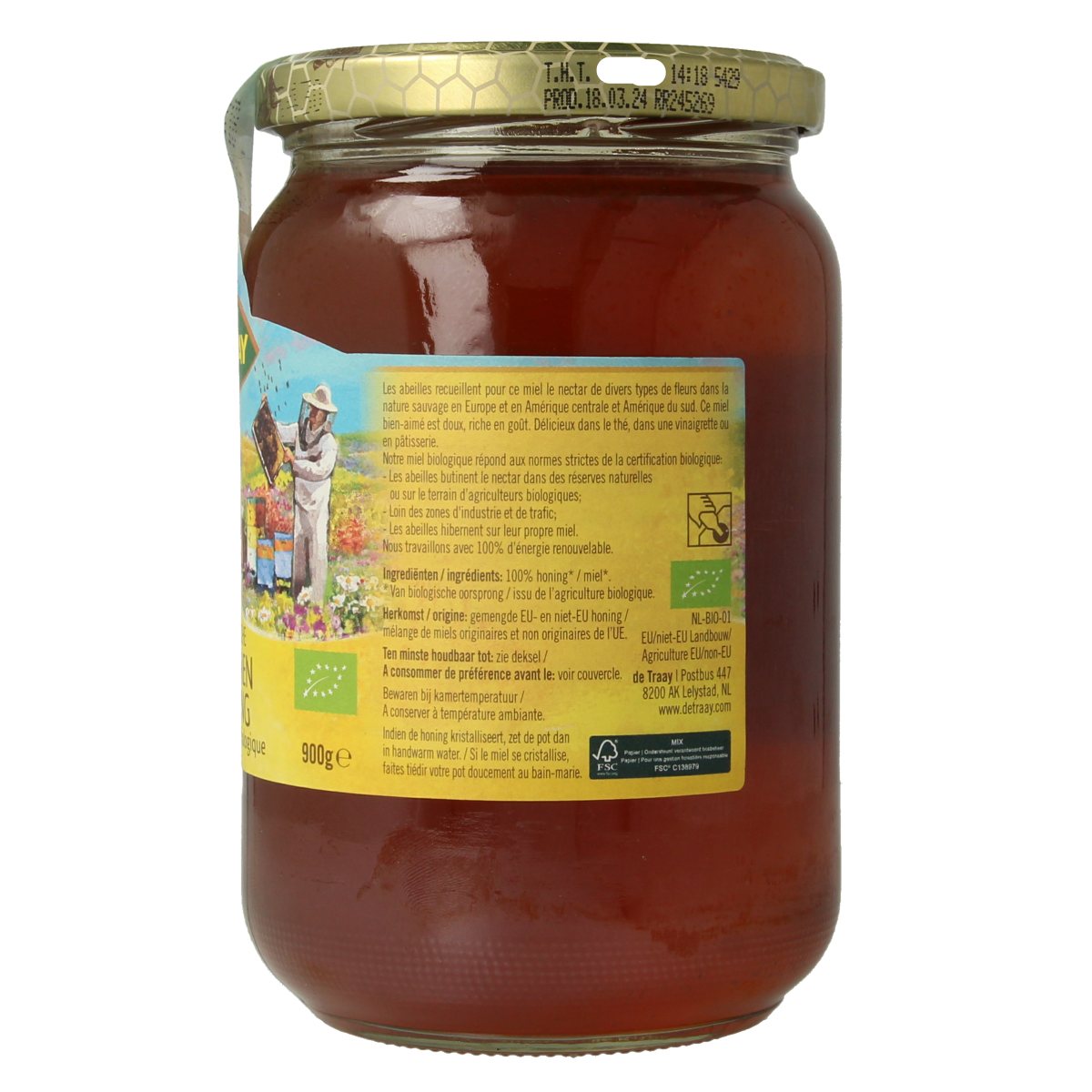 de Traay organic liquid flower honey in a 900g jar, golden and viscous, with a natural floral aroma