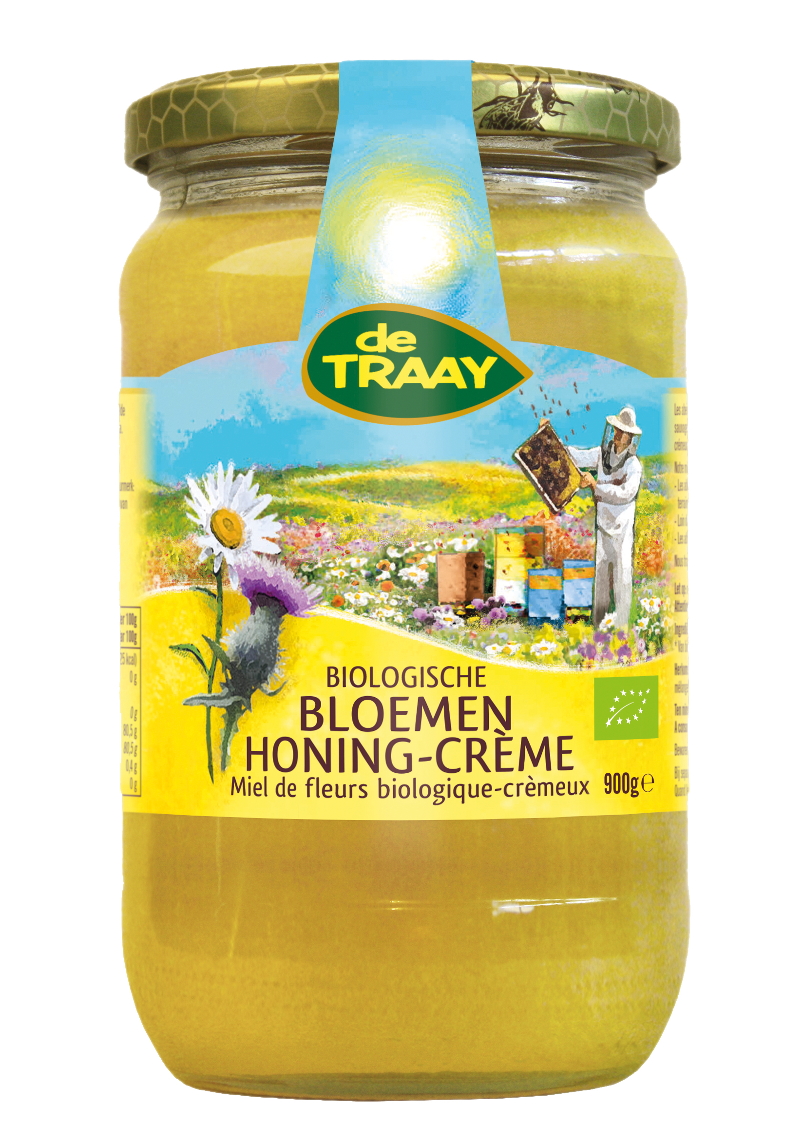 de Traay organic floral honey creme in a 900g jar, golden honey with floral aroma and smooth texture, from the honey brand de Traay