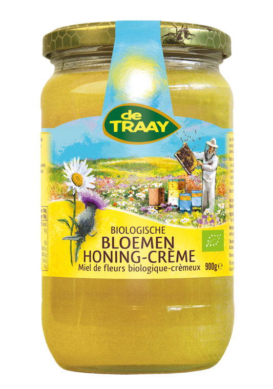 de Traay organic floral honey creme in a 900g jar, golden honey with floral aroma and smooth texture, from the honey brand de Traay